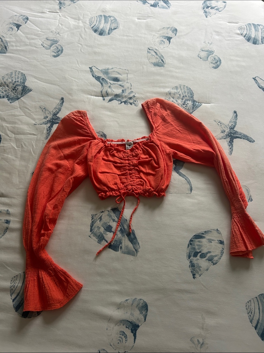Ruched Coral Long-Sleeve Crop Top with Tie Front